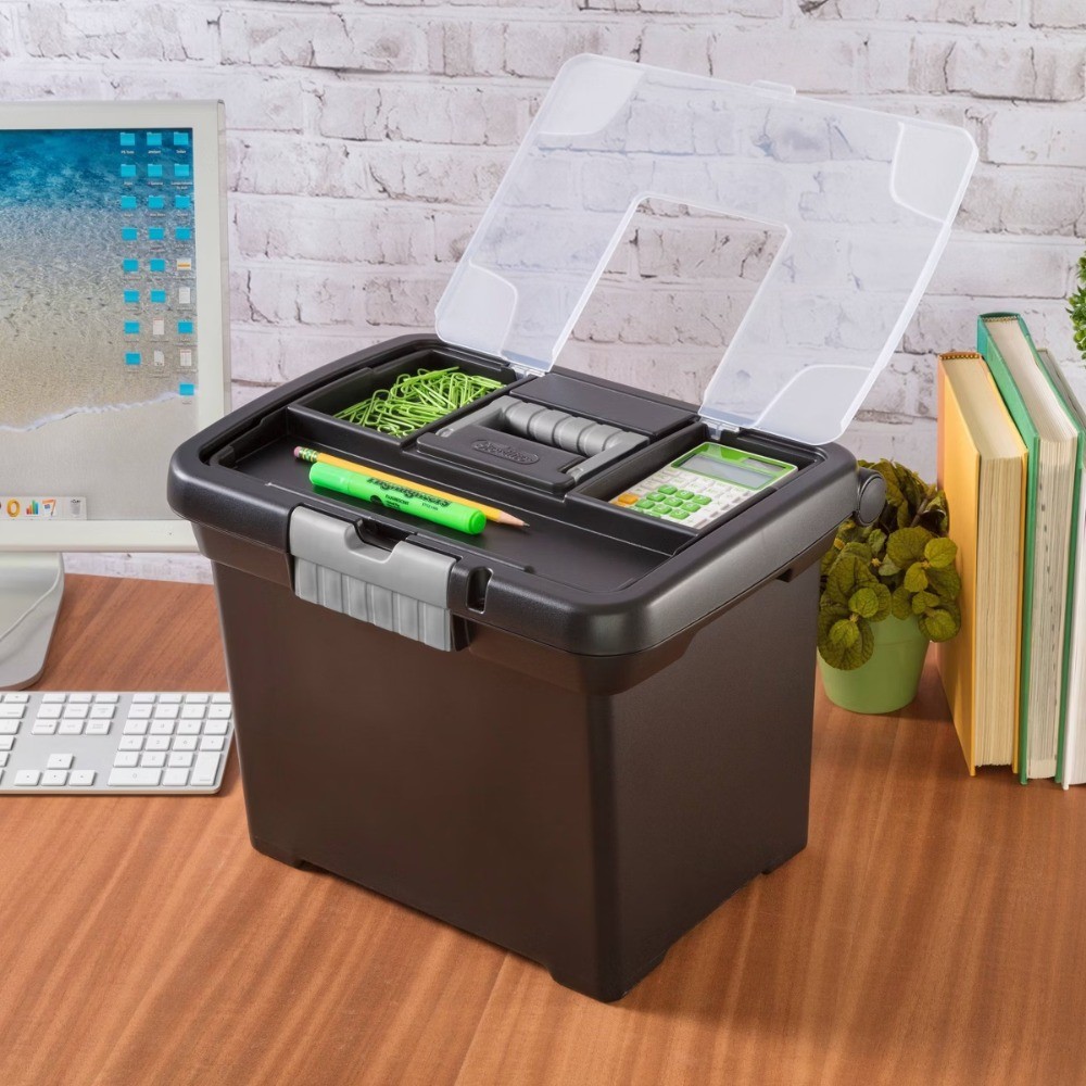 Medium Letter File Box 8.5×11 Plastic Storage Organizer with Handle Black