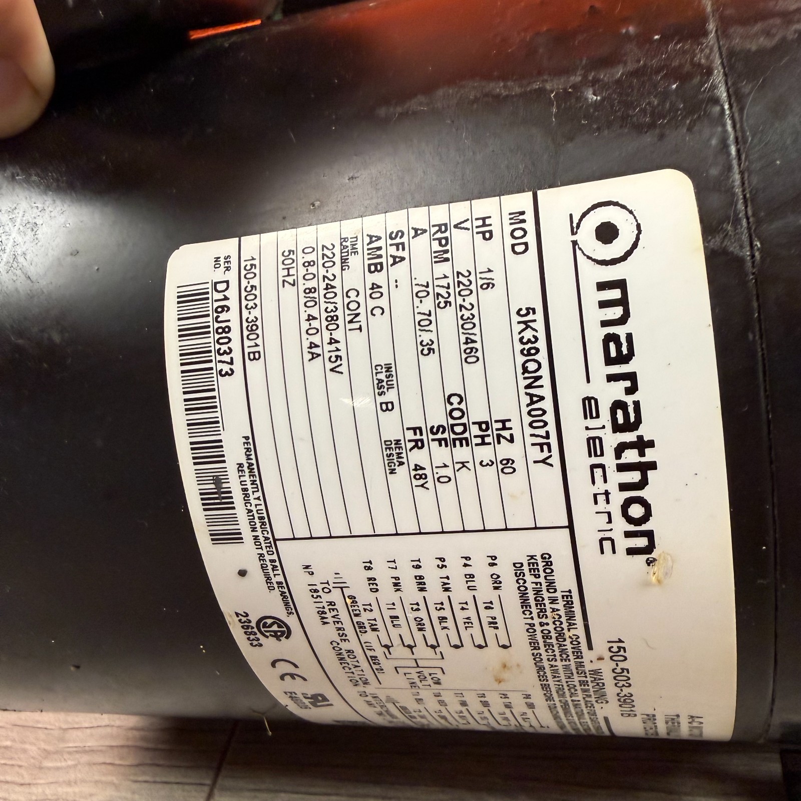 Marathon 5K38DNA001FY 1/5HP 1725RPM 3Ph 48Y AC Motor Hobart CRS66A 150-503-3901B
