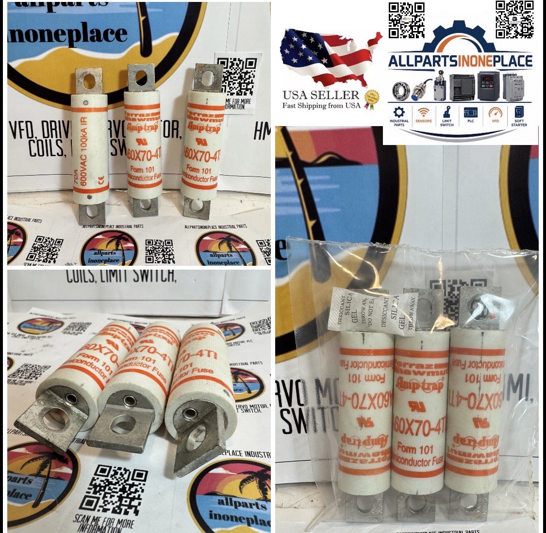 Kit 3 Pcs Mersen A60X70-4TI 70A 600VAC High Speed Fuse Amp-Trap A60X New Sealed