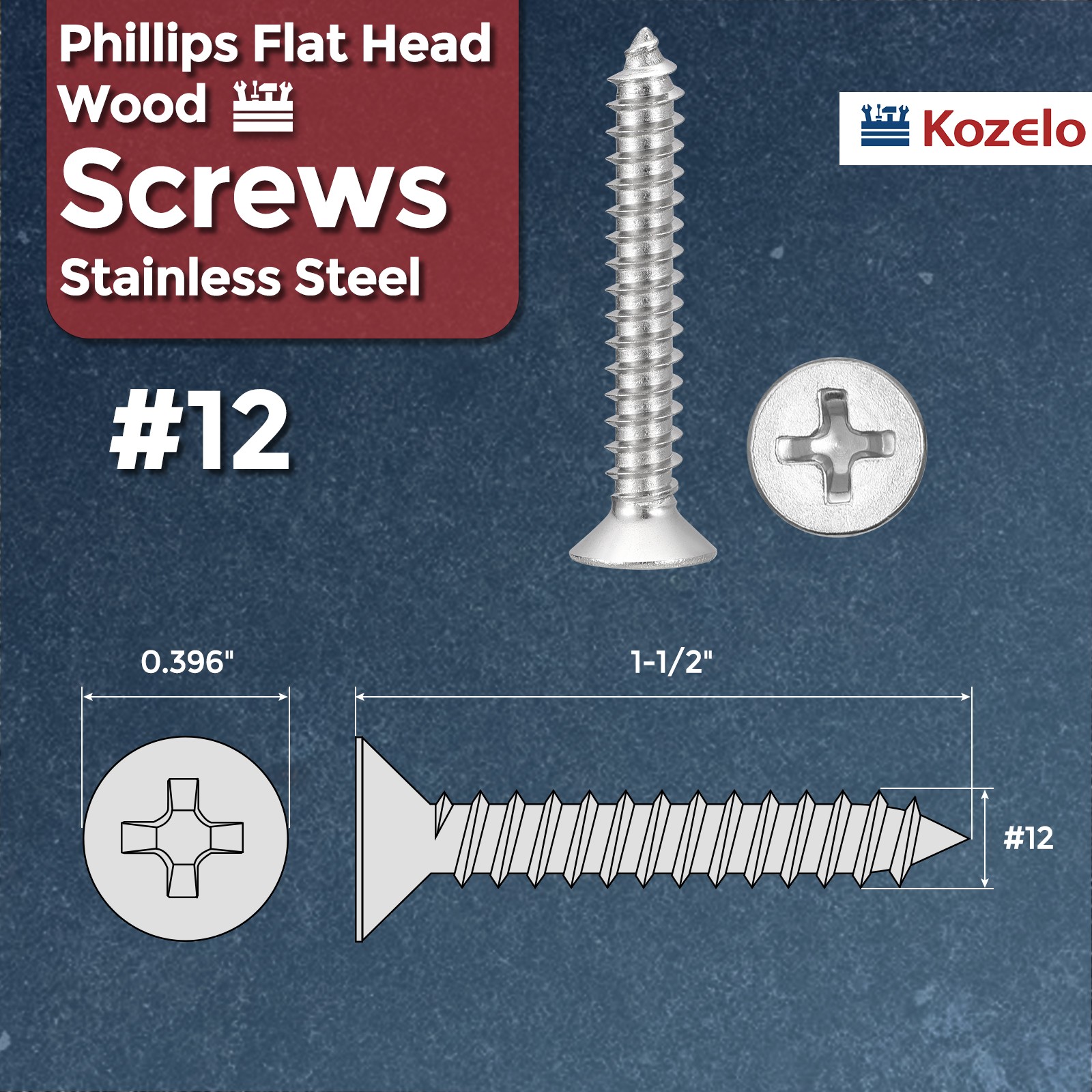 100pcs Phillips Flat Head Wood Screws – [#12×1-1/2″] 304 Stainless Steel, Silver