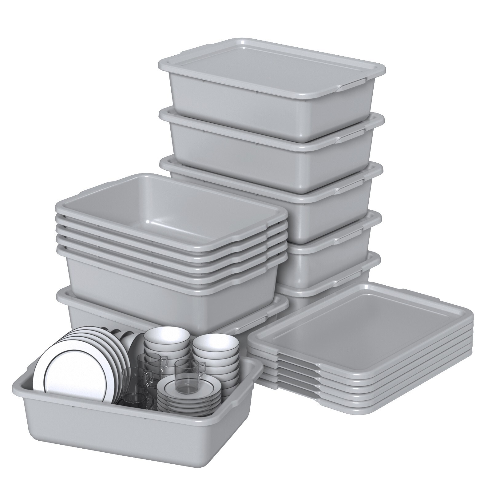 13 L Plastic Commercial Bus Box with Lid, Plastic Restaurant Bus Tub, 12-Packs