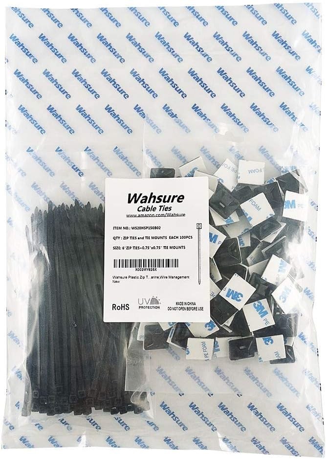 Weatherproof Cable Management Clips with 6″ Zip Ties – 100 Durable Adhesive Sets