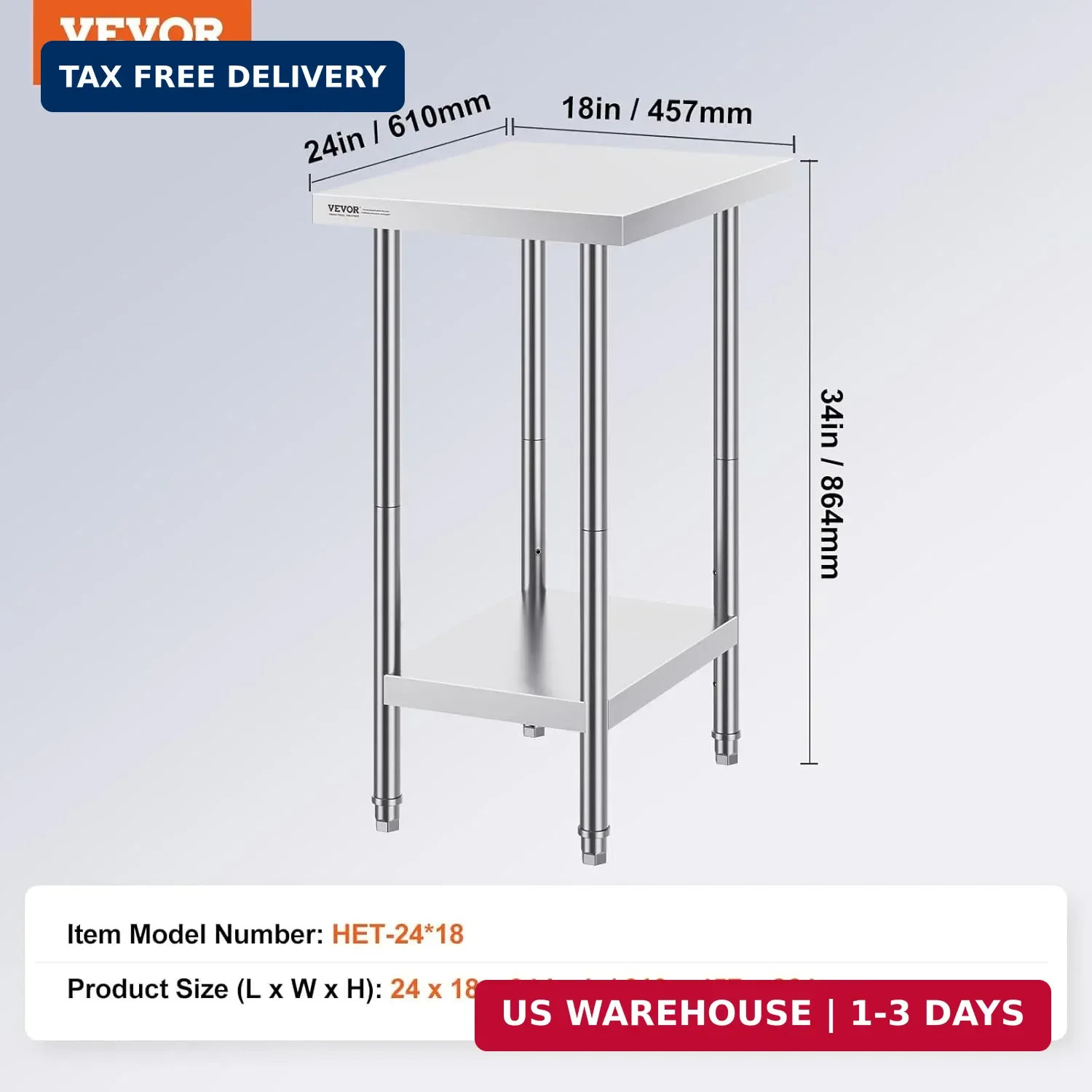 VEVOR Stainless Steel Prep Table, 24 x 18 x 34 Inch, 640 lbs Load Capacity, Heav