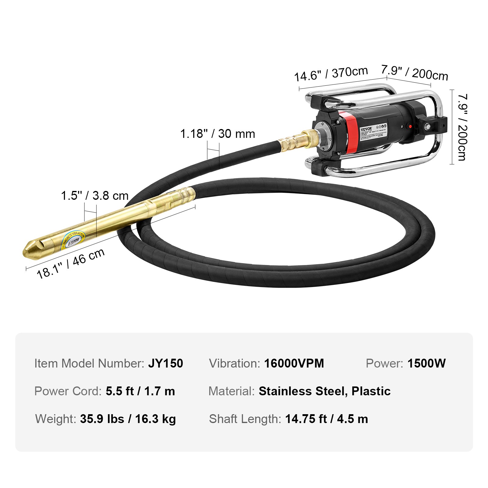 VEVOR Electric Concrete Vibrator 1500W 14-3/4 feet Poker to Remove Air Bubbles