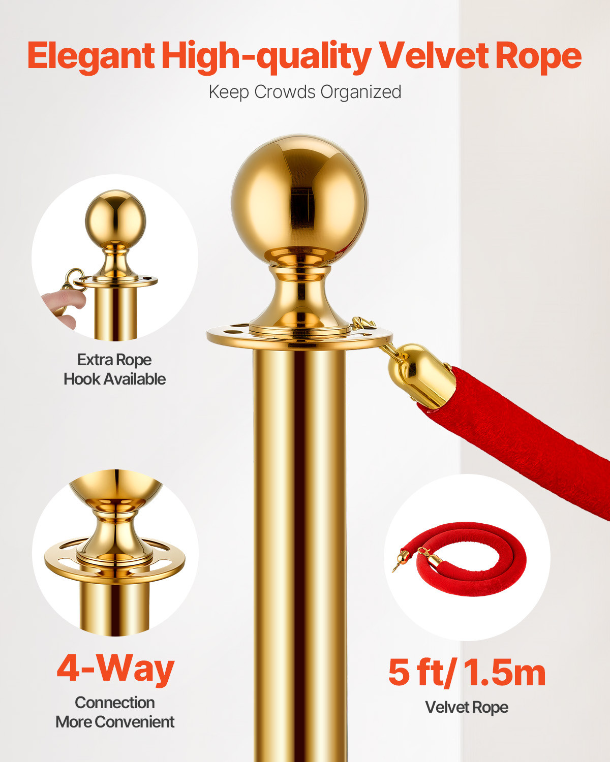 4-8 Pcs Gold Stanchion Post 2/3/4/6 Ropes/Belts Sand Injection Hollow Base