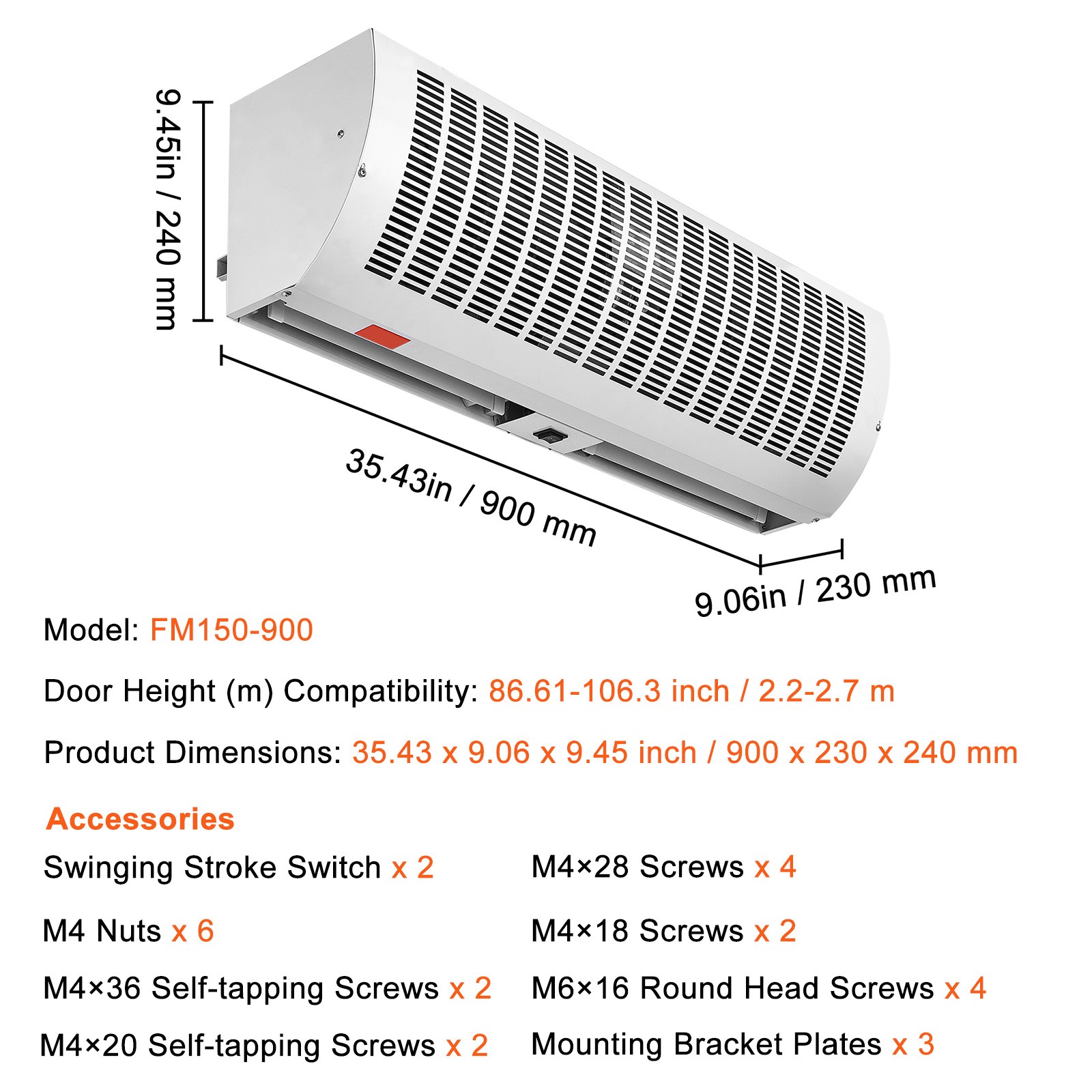 VEVOR 36″ Commercial Indoor Air Curtain 2 Speed 1200/2038CFM Limite Switch
