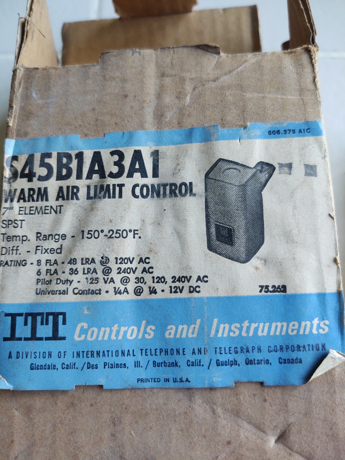 ITT Warm Air Limit Control S45B1A3A1 7″ Element Temp Range 150-250 New in Box