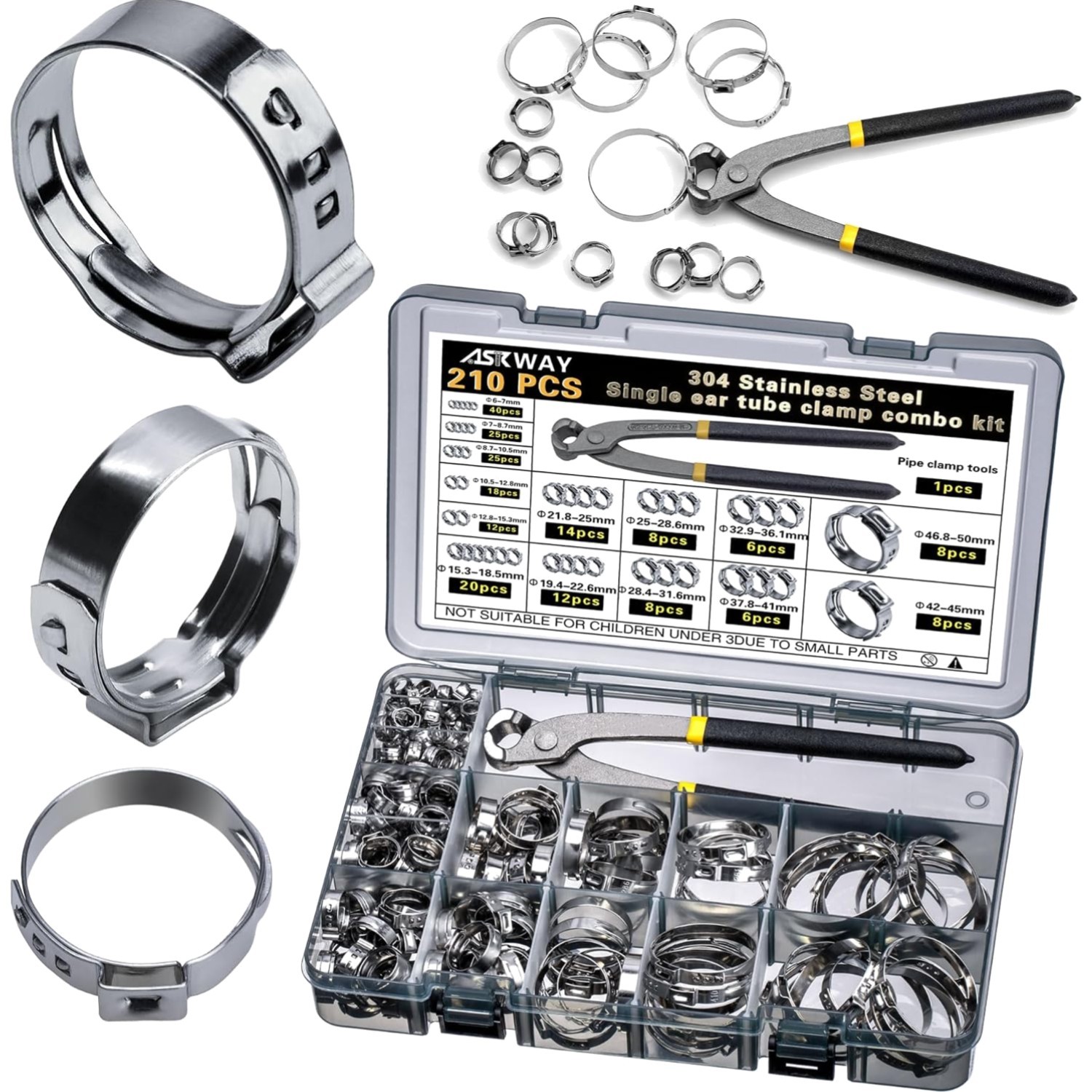 AskWay 210 Pc 304 Stainless Steel Hose Clamp Assortment 6 To 50 Mm