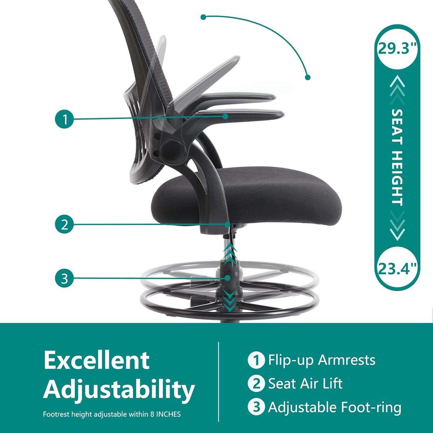 Drafting Chair for Standing Desk, , Flip-up Arms, Ergonomic Mid Back Mesh Rol…