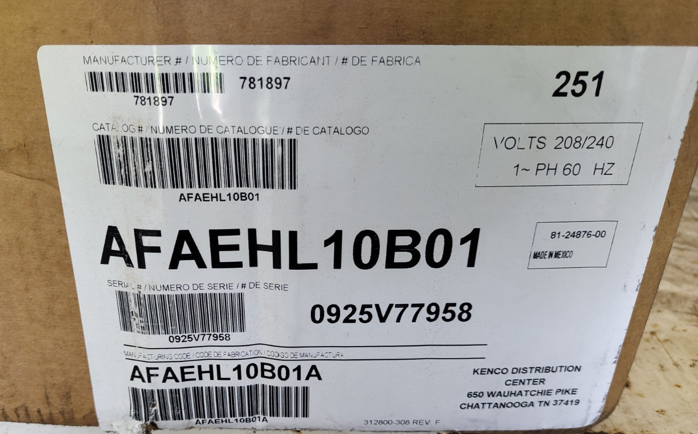 Carrier HVAC AFAEHL10B01A Heater 208-230 Volt, 10KW, 1PH, Low Current w/ Breaker