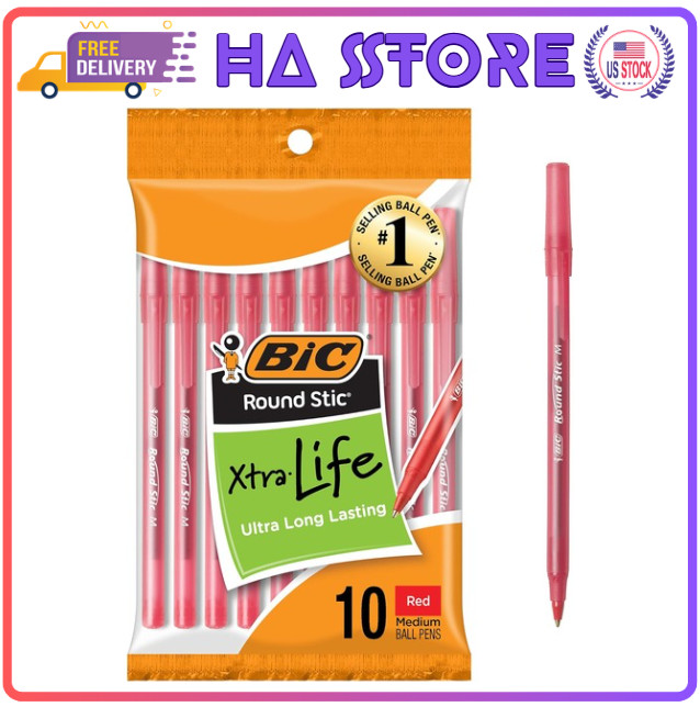 10-Count BIC Round Stic Xtra Life Red Ballpoint Pens, Medium Point (1.0mm)