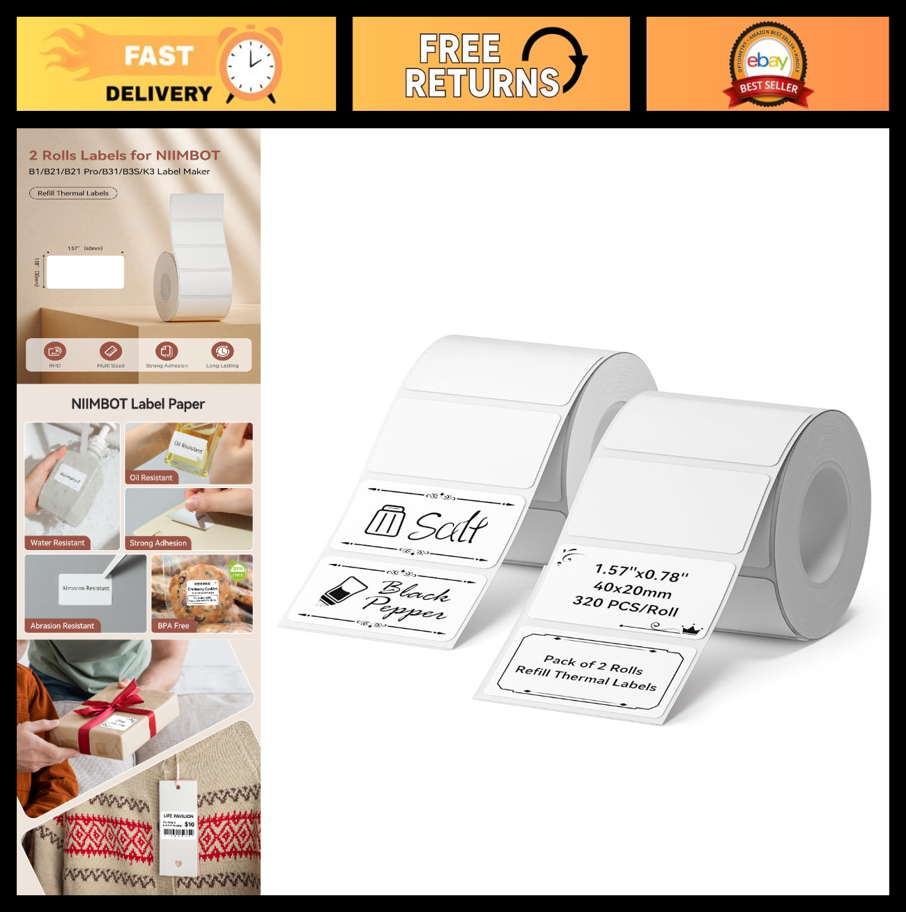 2 Rolls Waterproof Thermal Printer Labels 1.57” x 0.79” – Oil-Proof, Tear-Proo