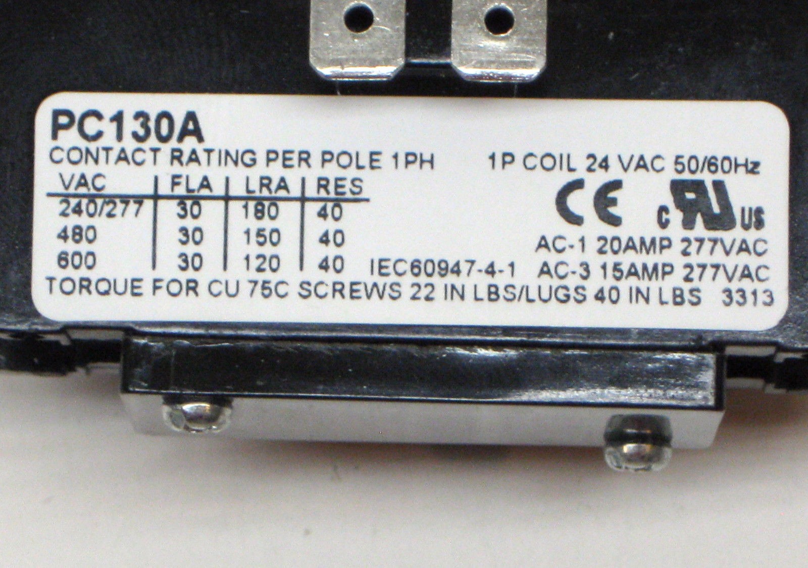 PC130A Single One 1 Pole 30 Amps 24 Volts A/C Contactor