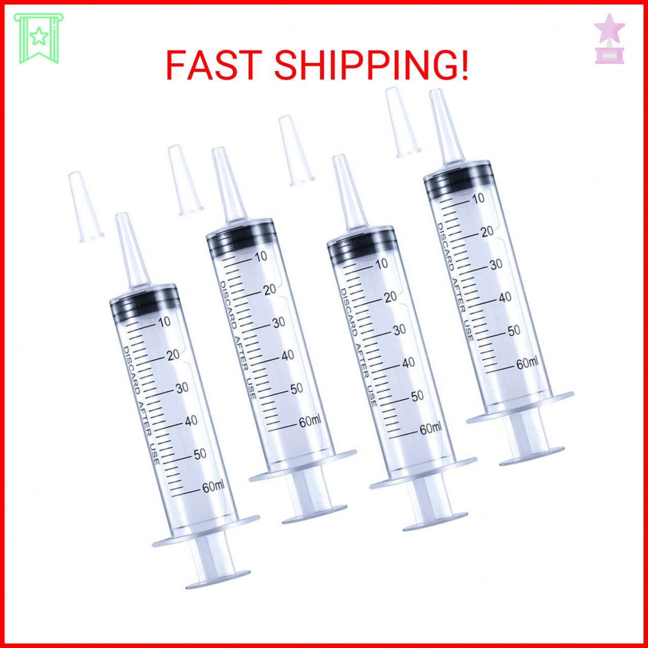 4 Pack 60mL Large Syringe for Liquid with Tip Cap, Plastic Liquid Syringes Indiv