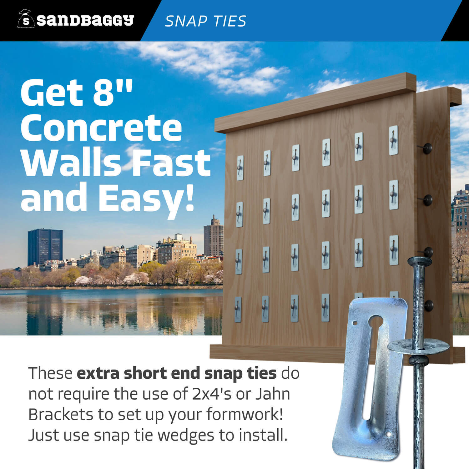 Sandbaggy 8″ x 1 ⅝» Standard Snap Ties for Concrete Forms – 1″ Cup Loose Washer