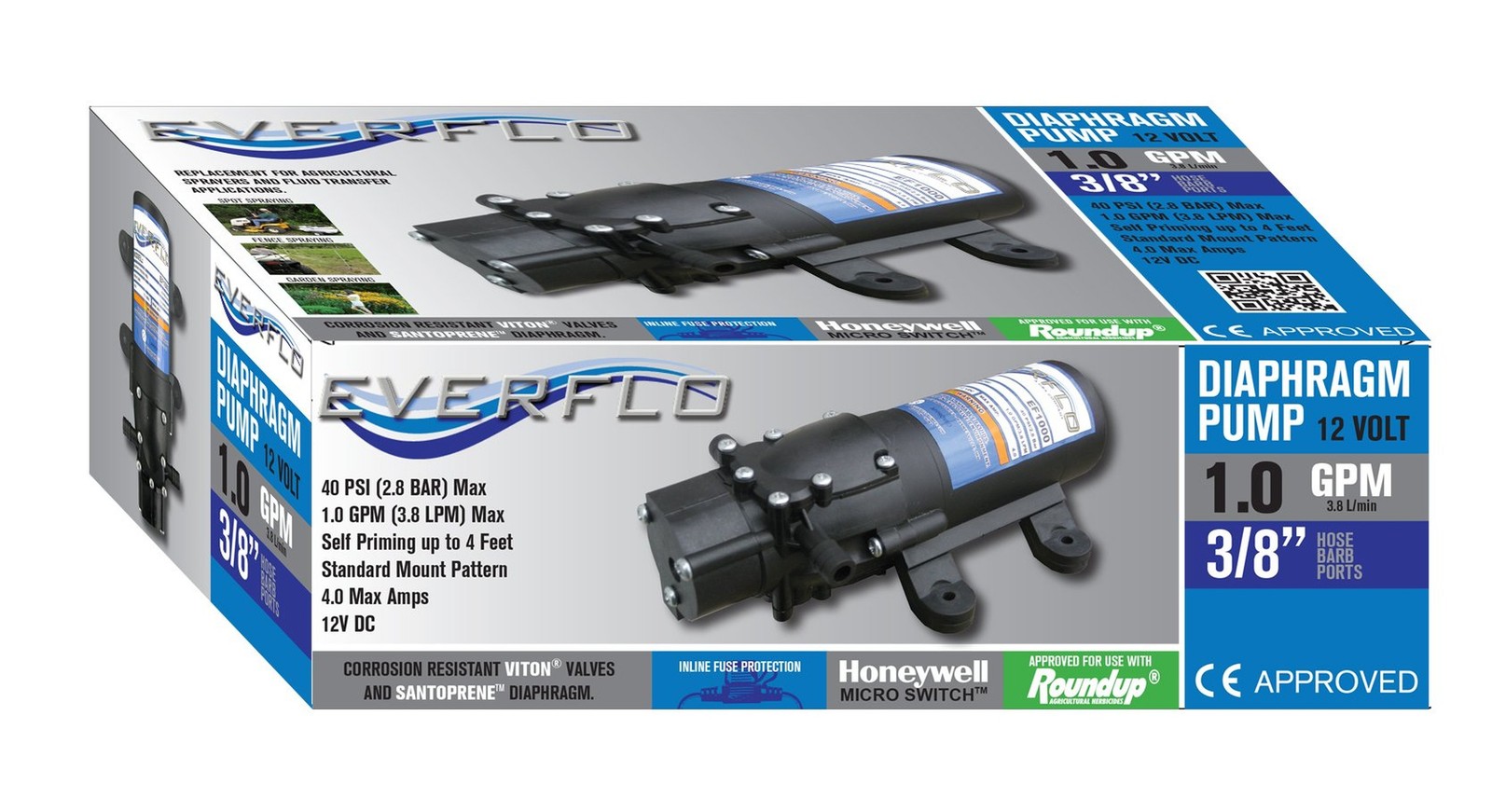 Everflo EF1000-BOX 12V Diaphragm Pump with 3/8″ Hose Barb Ports, 1.0 Gpm