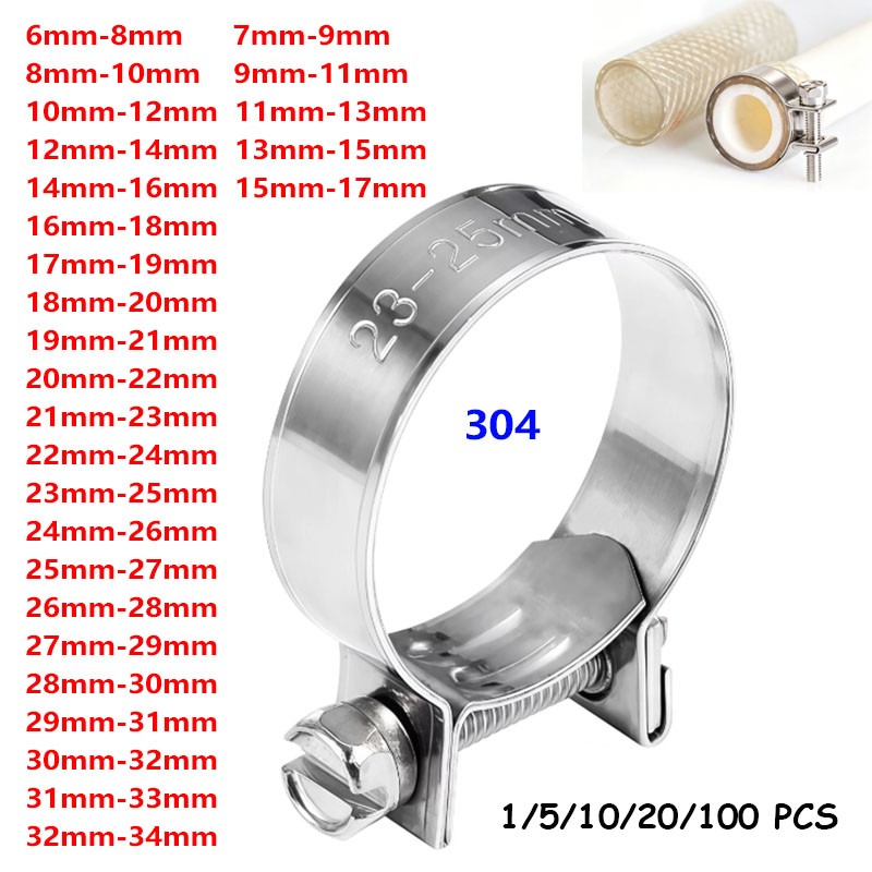 6-8mm to 32-34mm Hose Clamps Mini Hose Clip 304 Stainless Steel Hose Clamp Clips