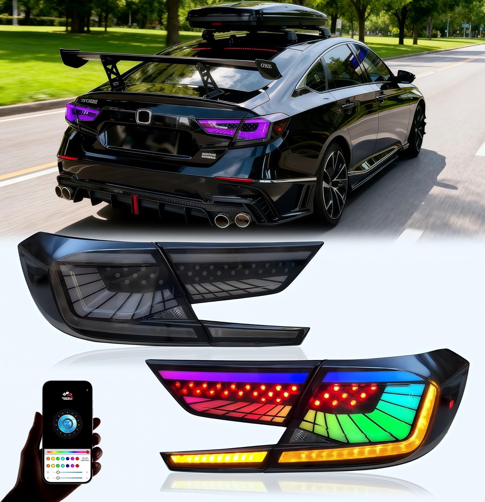 Multicolor LED Tail Light Fit for Honda Accord 10th Gen 2018-2022, 1 Pair Smo…
