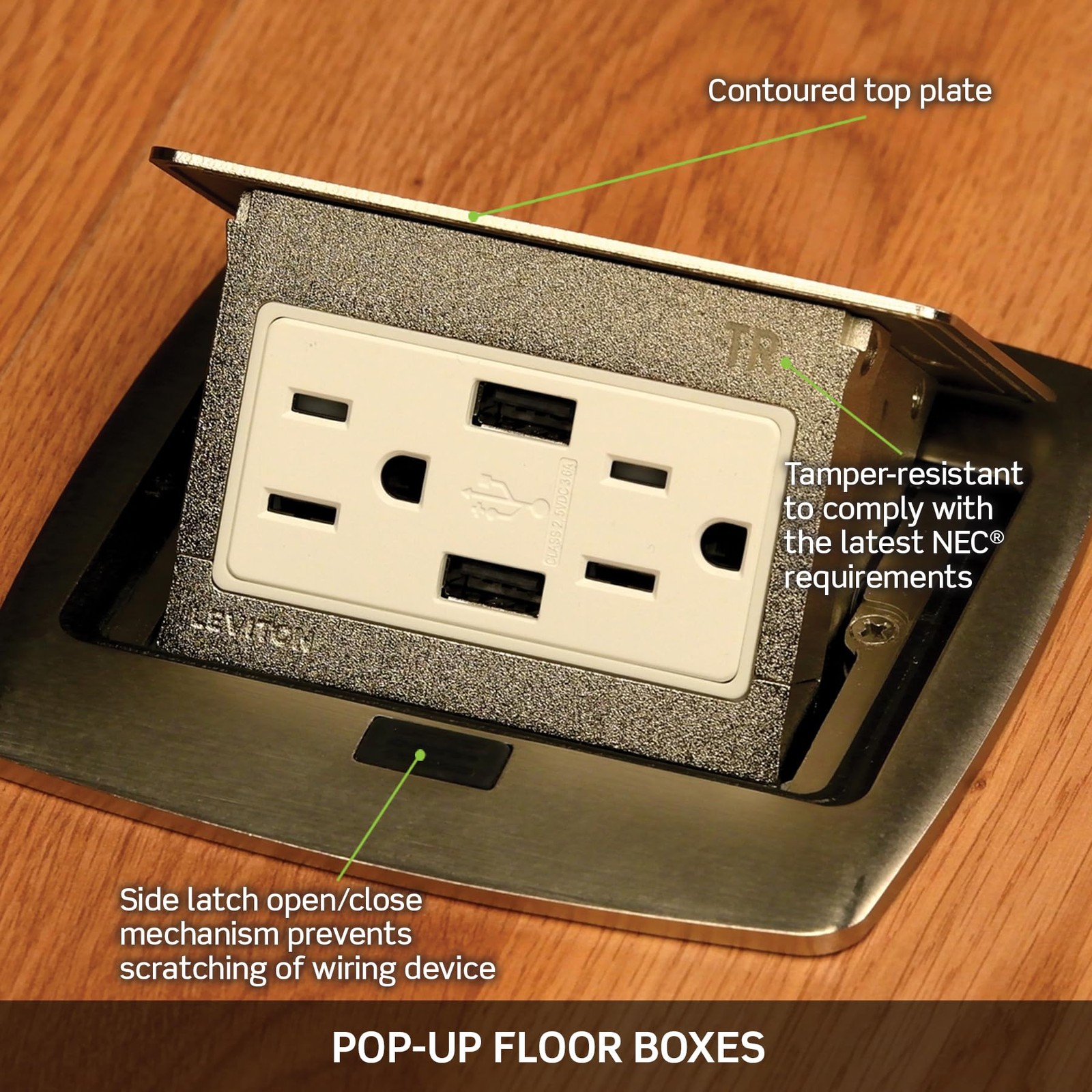 Leviton Pop-Up Floor Box with 20 Amp, Tamper-Resistant Outlet, PFTR2-BN,