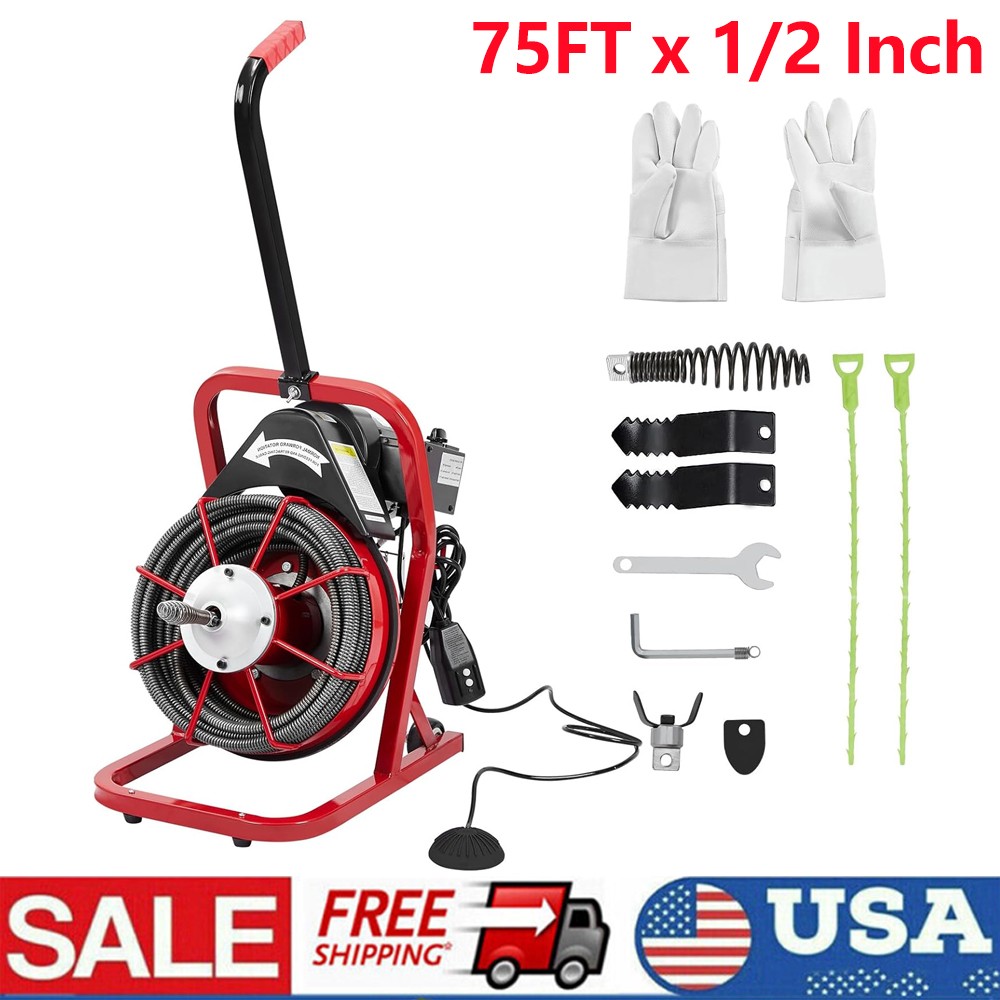 75Ft x1/2In Drain Cleaner Electric Sewer Snake Cleaning Machine Auger Auto Feed