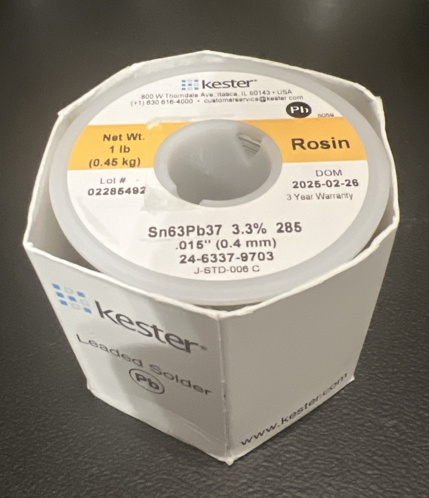 Kester 24-6337-9703 Solder Wire Sn63/Pb37 0.015” 0.4mm 1lb Rosin 285 – DOM 2025+
