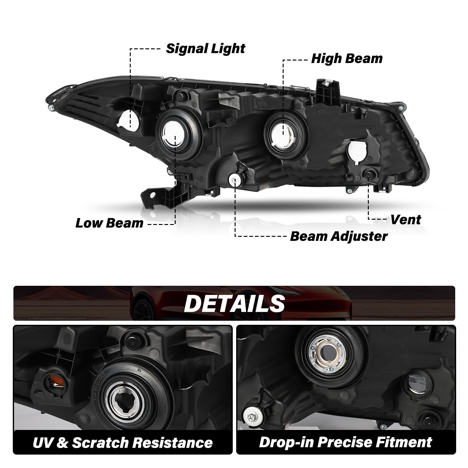 Headlight 2008-2012 Honda Accord Coupe Projector Chrome Amber Reflector (L+R)