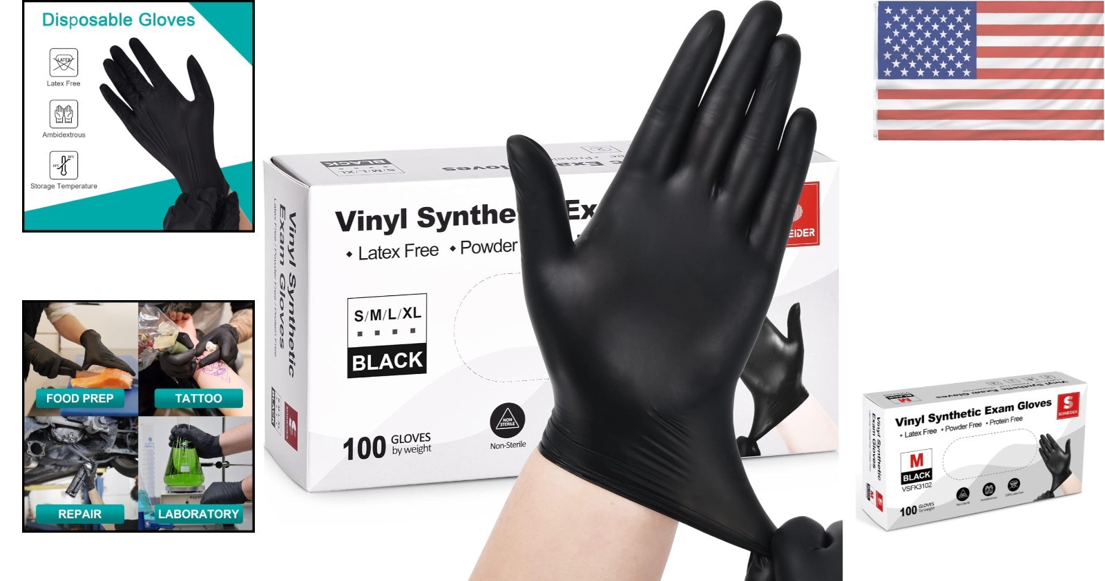 Black Vinyl Disposable Gloves, 4 Mil – Safe for Food & Latex Allergy – 100 Pack