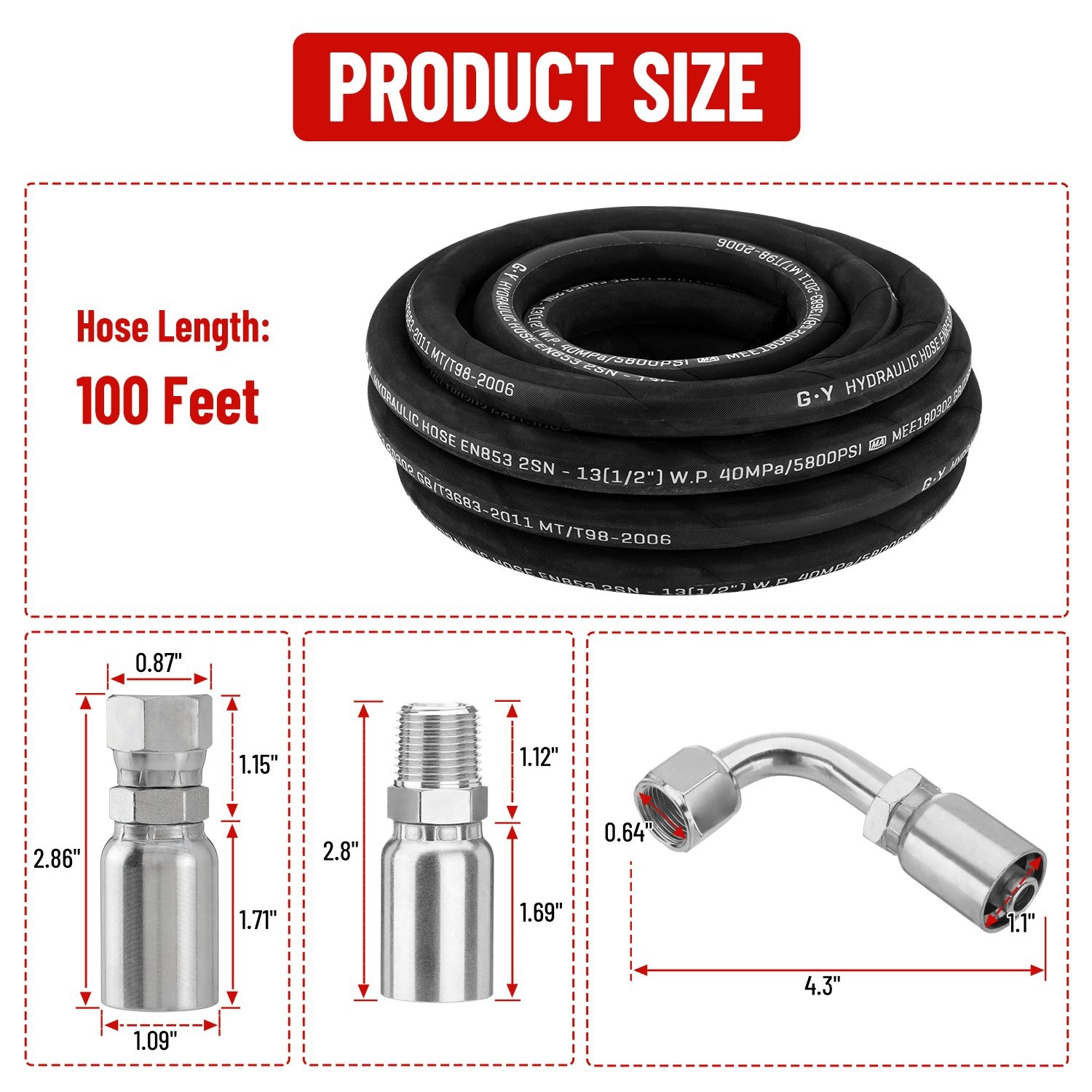 100 Feet 1/2″ HYDRAULIC HOSE WITH 24 FITTINGS TWO WIRE HOSE 40MPa / 5800 PSI NEW