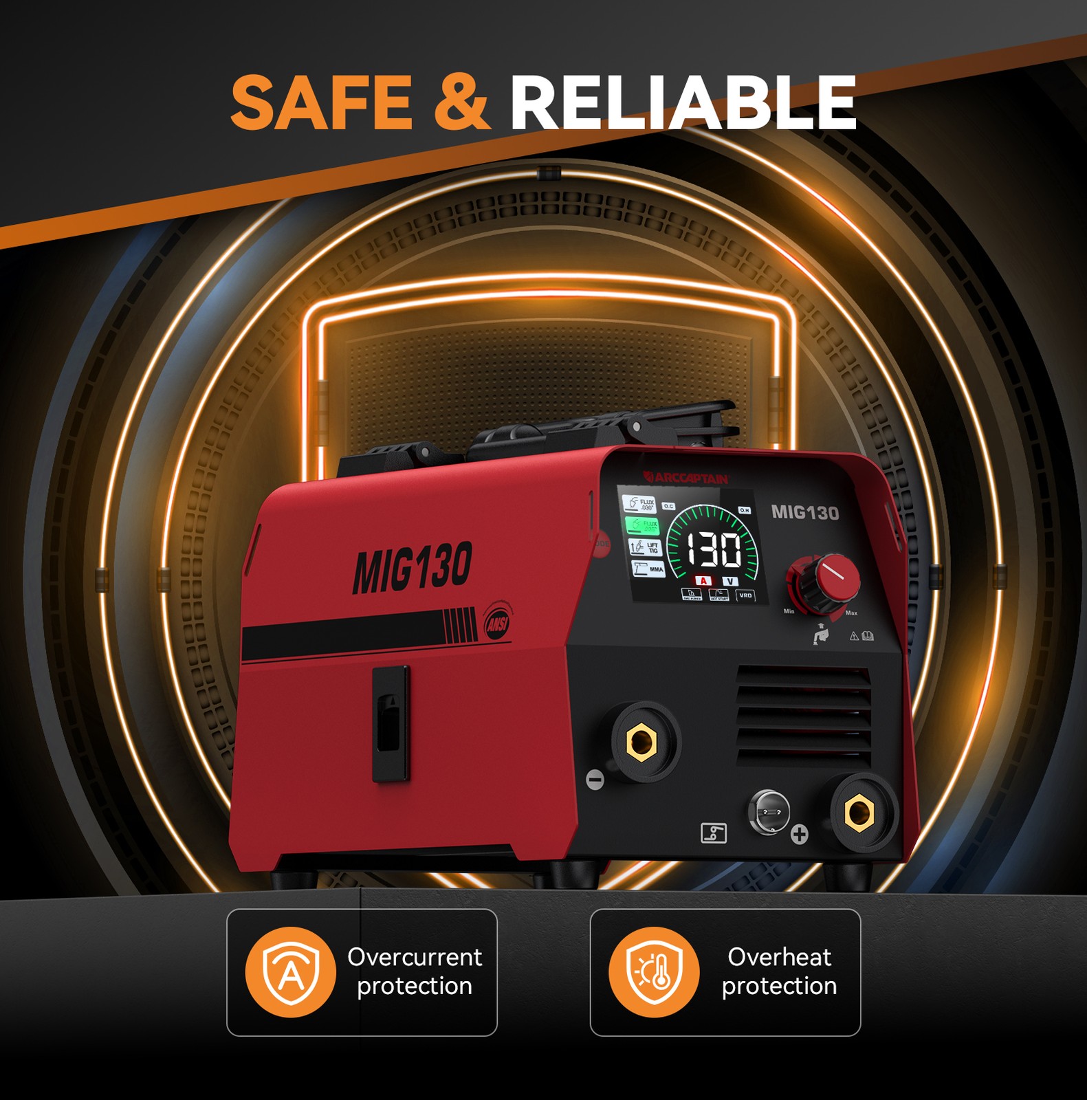 ARCCAPTAIN MIG130 Digital Screen MIG Welder 130A Flux Core Mig/Lift TIG MMA US