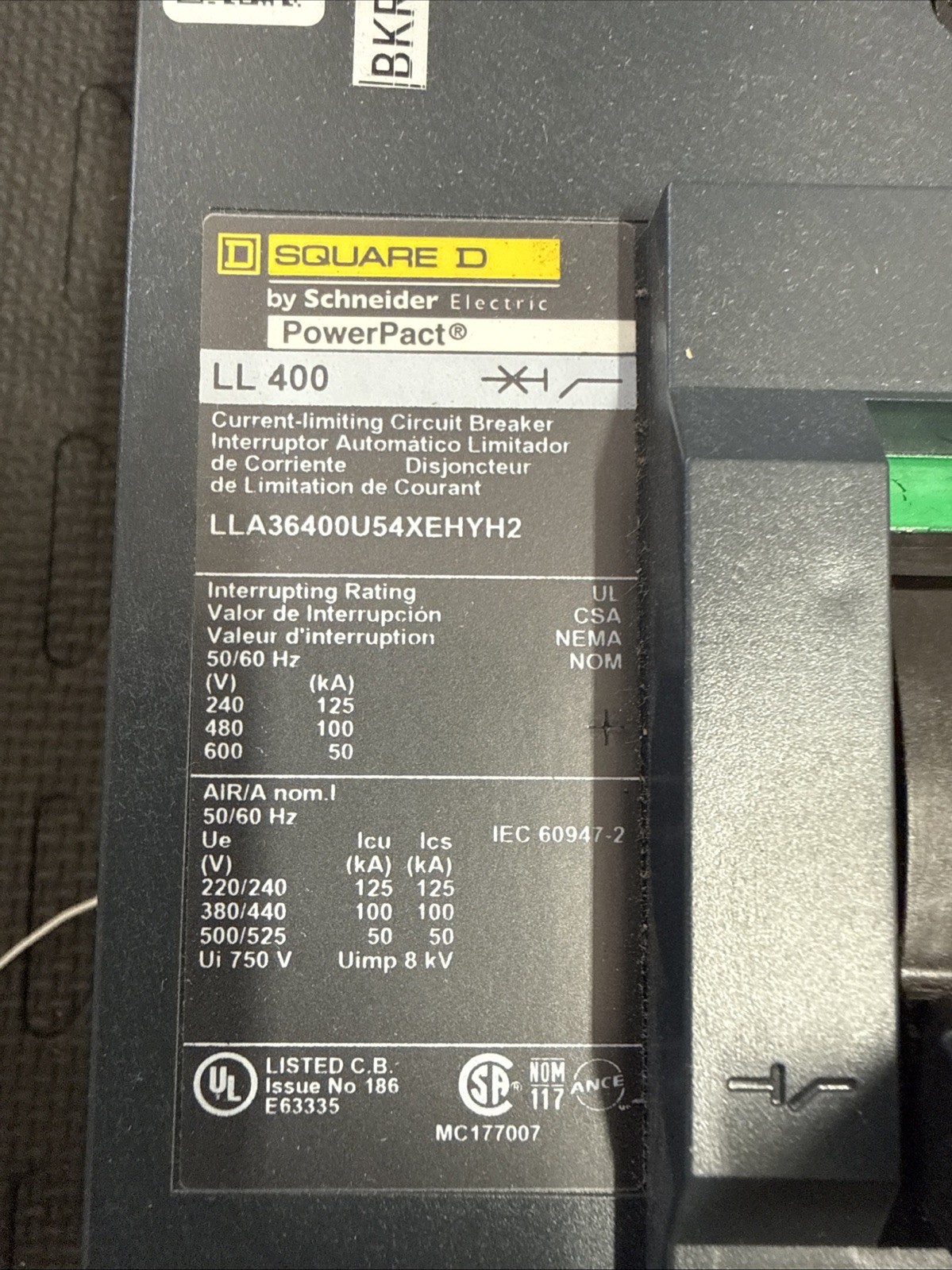 SQUARE D LL400 Circuit Breaker, PowerPacT400A, 3 pole, 600VAC, 50kA LLA36400U54X