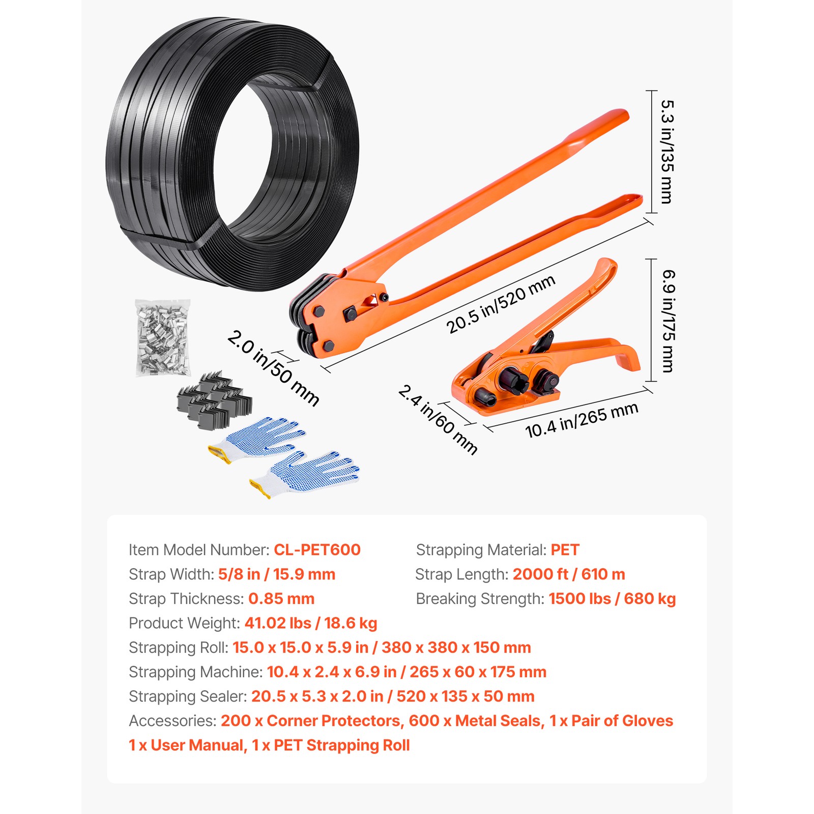 Uimoso PET Strapping Kit with 2000ft Band, 600 Seals, and 200 Edge Protectors