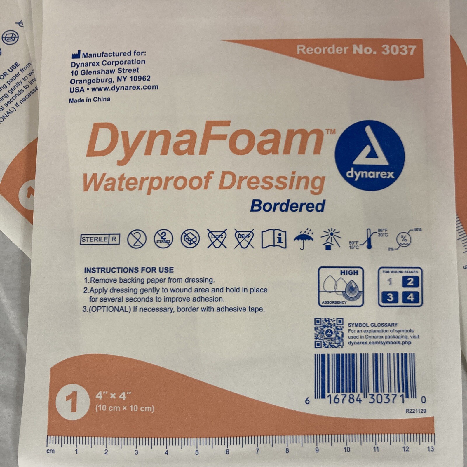 Dynarex 3037 DynaFoam Waterproof Bordered 4″x4″ Foam Dressing – 1 each