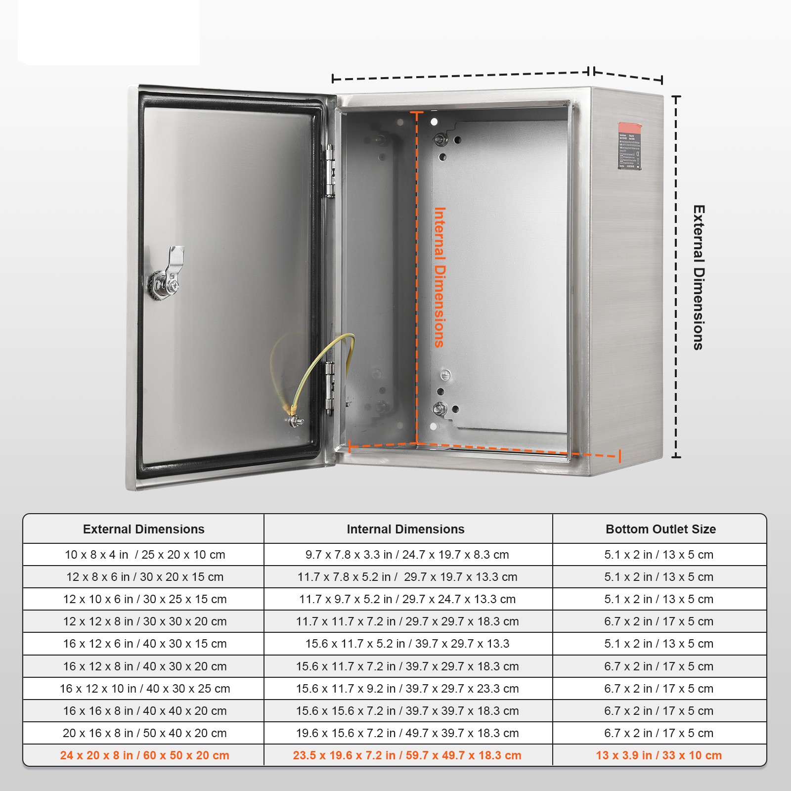 VEVOR 12» 16» 20″ 24» Stainless Steel Electrical Enclosure Junction Box IP66
