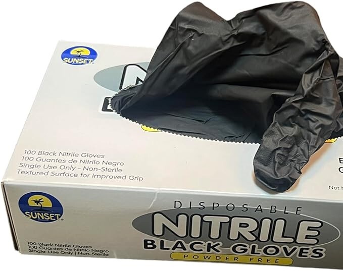 SUNSET DISPOSABLE NITRILE BLACK GLOVES 2 BOXES OF 100 EXAM GRADE POWDER FREE “L”