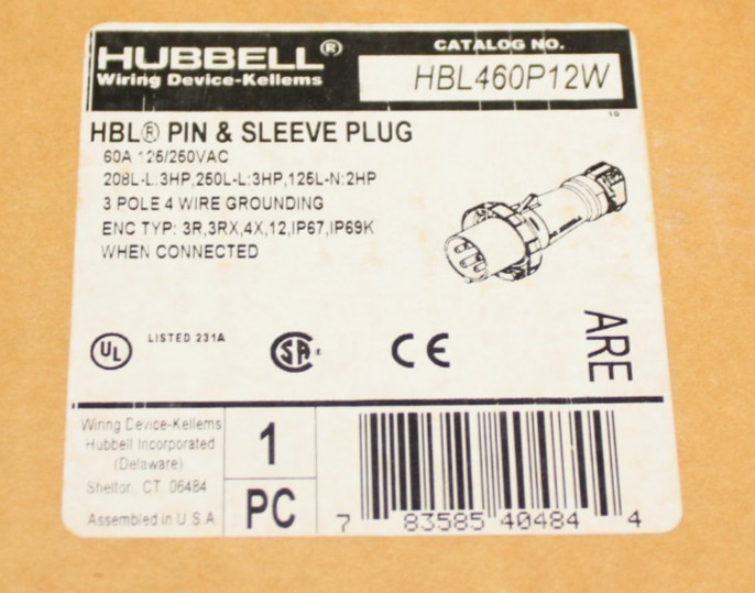 ⭐NEW IN BOX⭐460P12W 60-Amp PLUG HBL460P12W 60A 125/250V 3P 4W 🔴From USA🔵