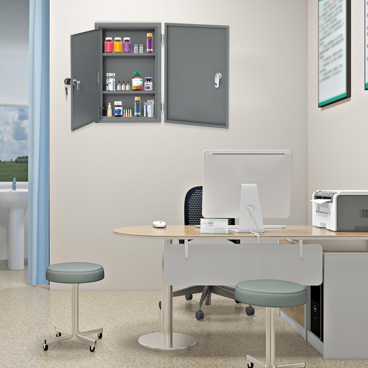 Double Door, Double Lock Wall Mounted Storage Cabinet, Childproof, Anti-theft
