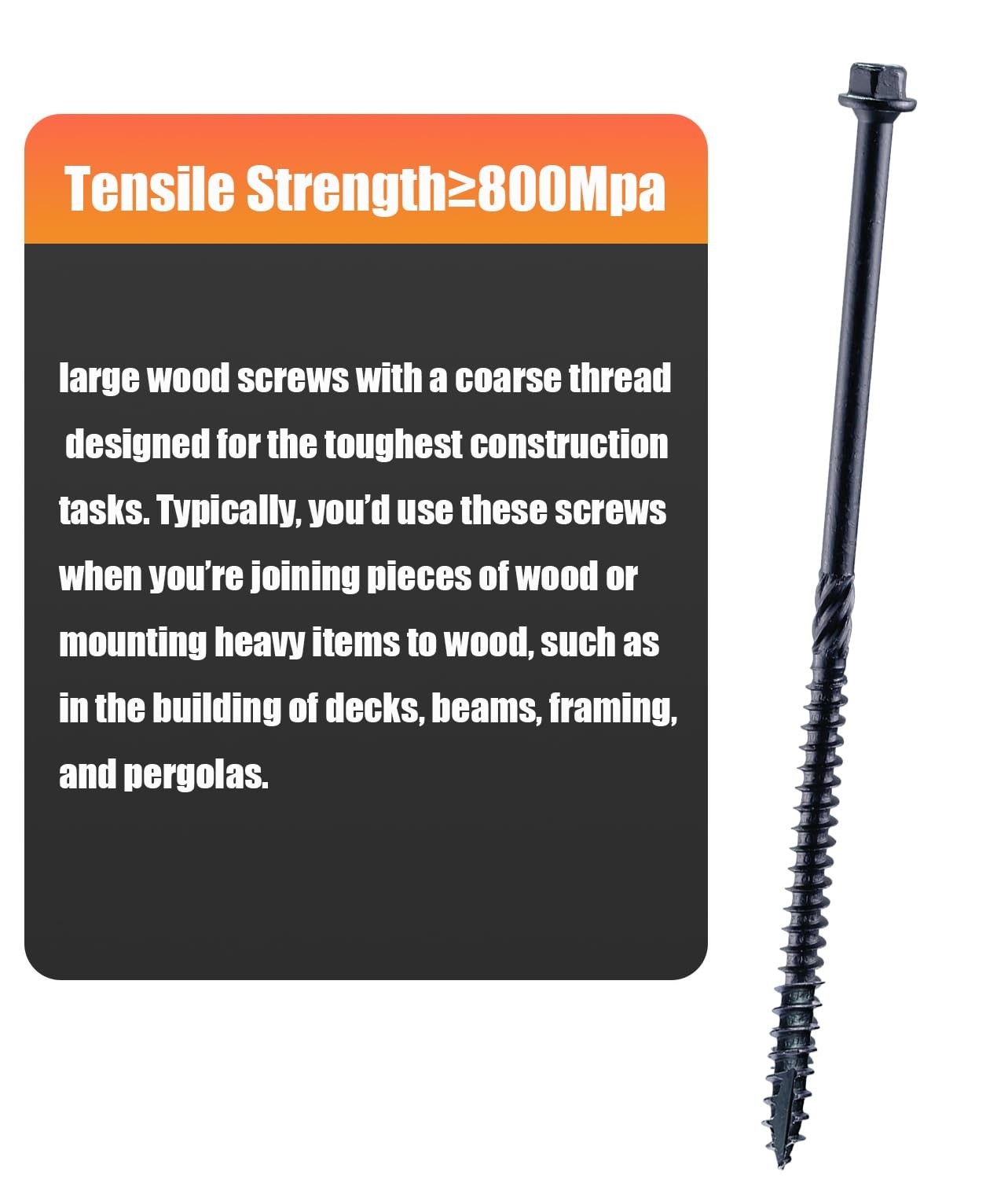 Structural Lag Screws 8 Inch, 50-Pack #14 X 8 Heavy Duty Black Timber Screws,