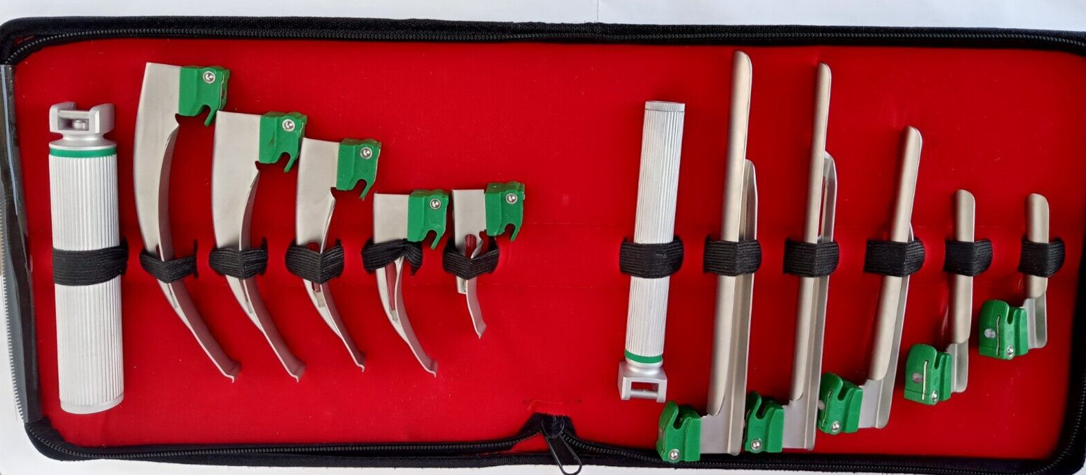 GERMAN LARYNGOSCOPE SET 12PCS INTUBATION BLADES + 2 HANDLE FIBER-OPTIC KIT