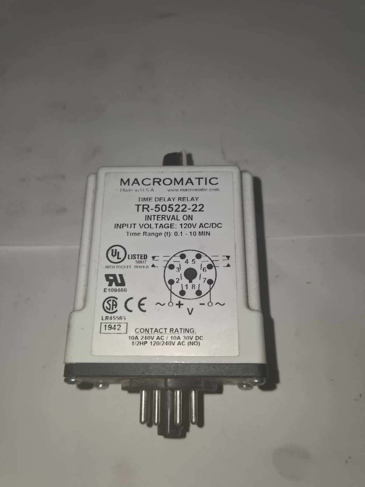 Macromatic TR-50522-22 Time Delay Relay Interval On 120VAC/DC 0.1-10 Min 10A