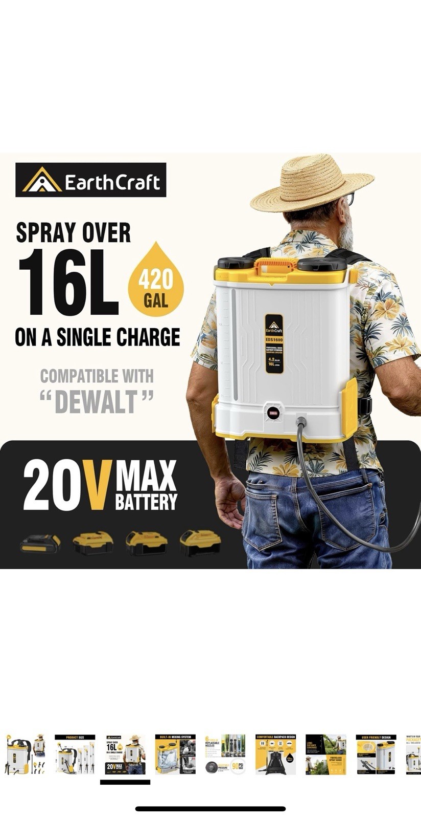 4.2 Gal Battery Powered Backpack Sprayer Compatible with DeWalt 20V Battery (…