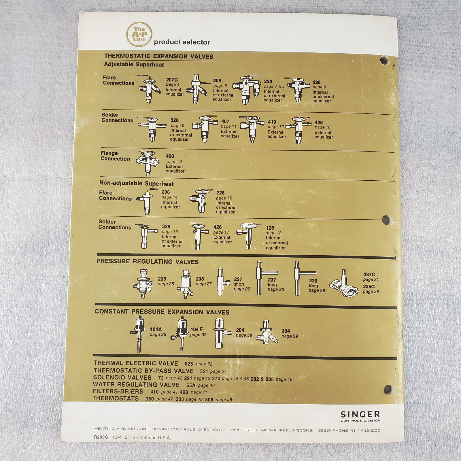Singer General Catalog Refrigeration and Air-conditioning Controls 1972 A.P Line