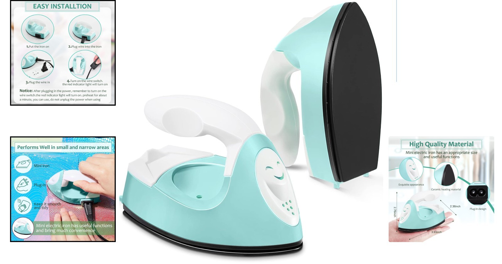 Portable Mini Craft Iron: 3.93×2.36 in Heat Press for DIY Projects – Mint Green