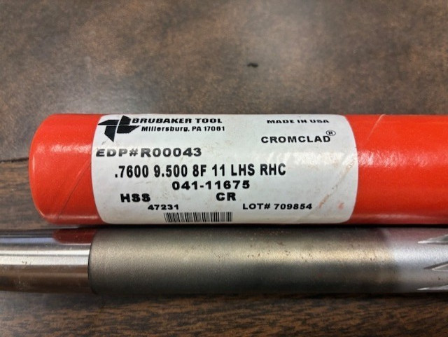 BRUBAKER TOOL EDP#R00043 .7600 9.500 8F 11 LHS RHC Reamer 041-11675 New HSS