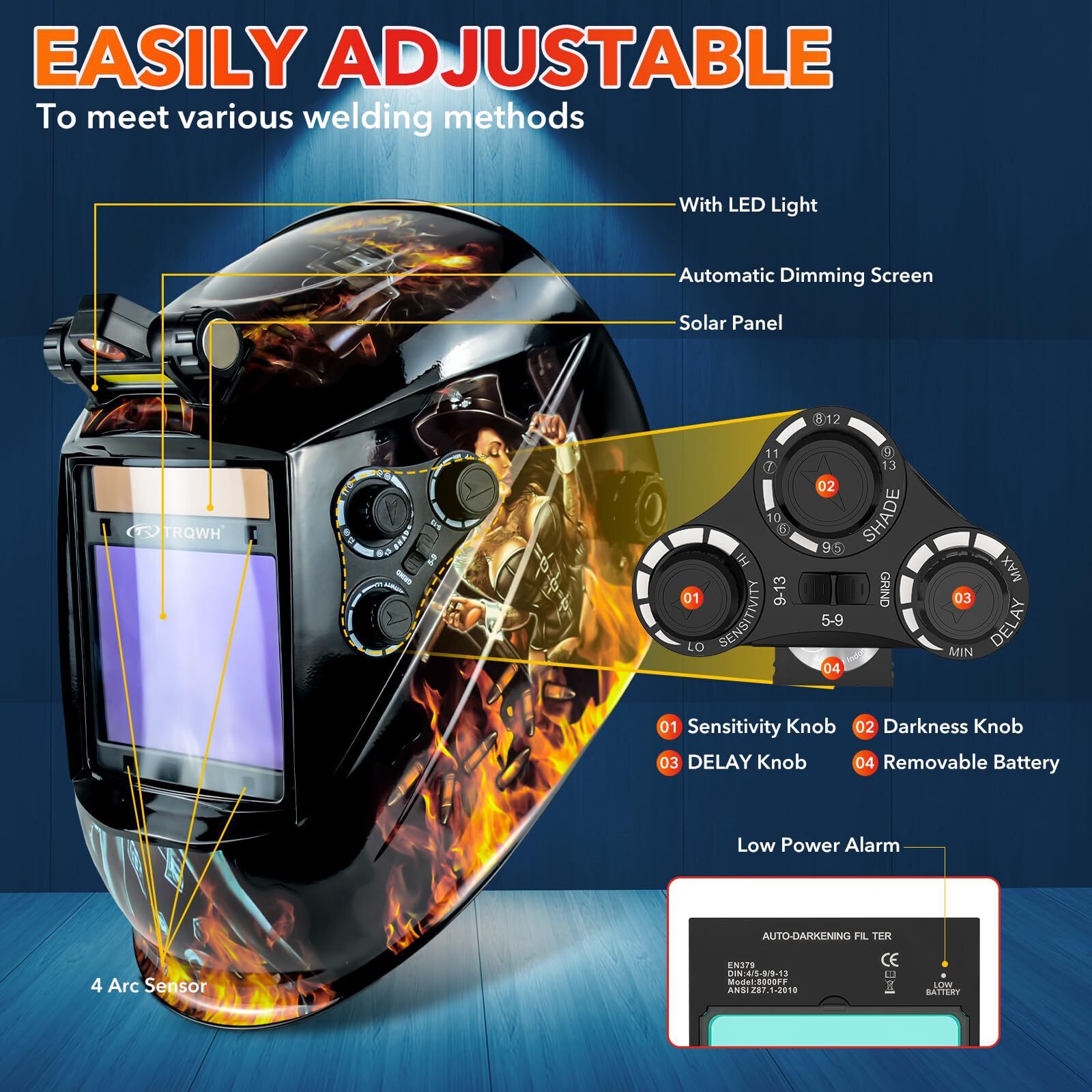 True Color Auto Darkening Welding Helmet w/ LED Light, Large View, 4 Arc Sensors