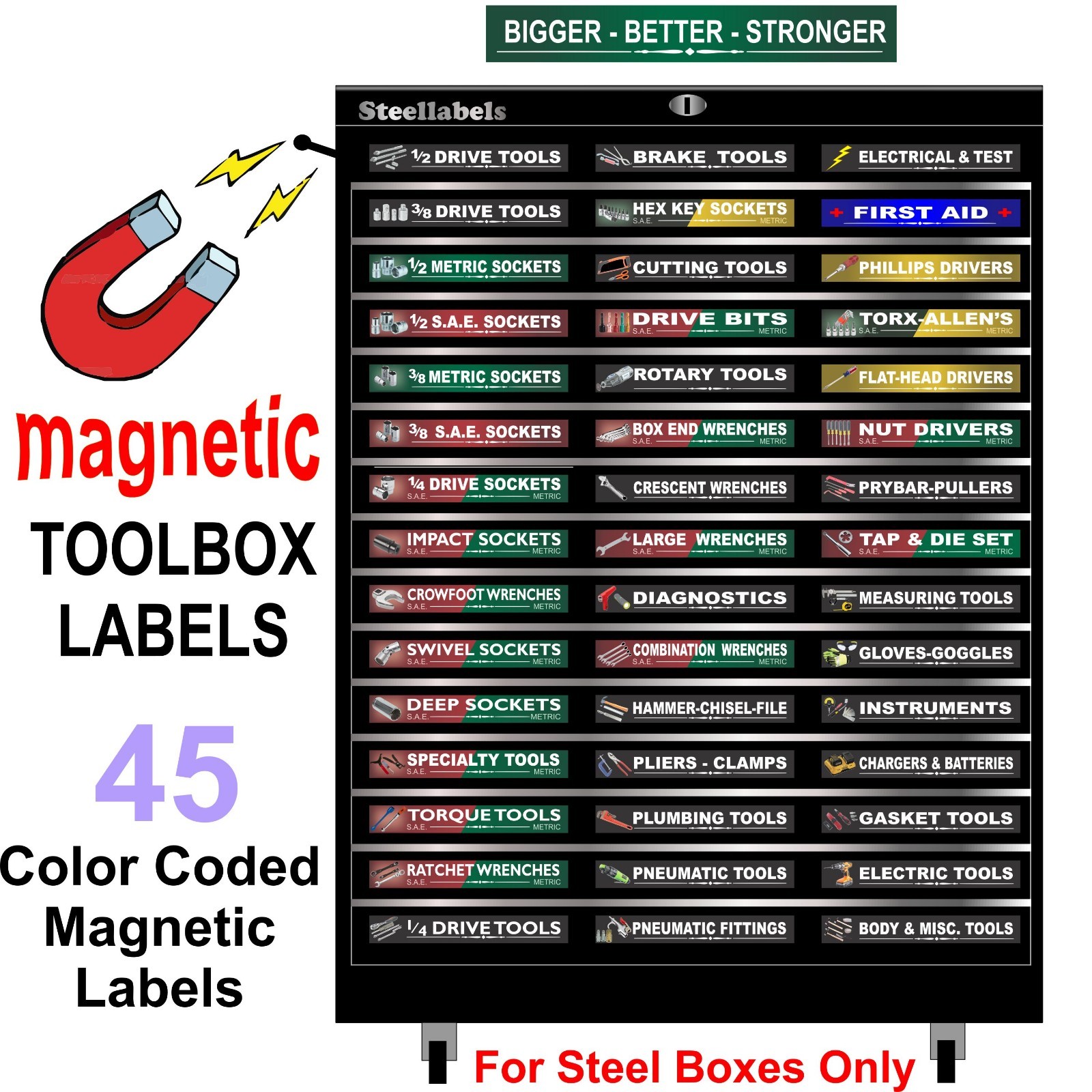 Ultimate Magnetic TOOLBOX LABELS fits all steel boxes tool chest & cabinets