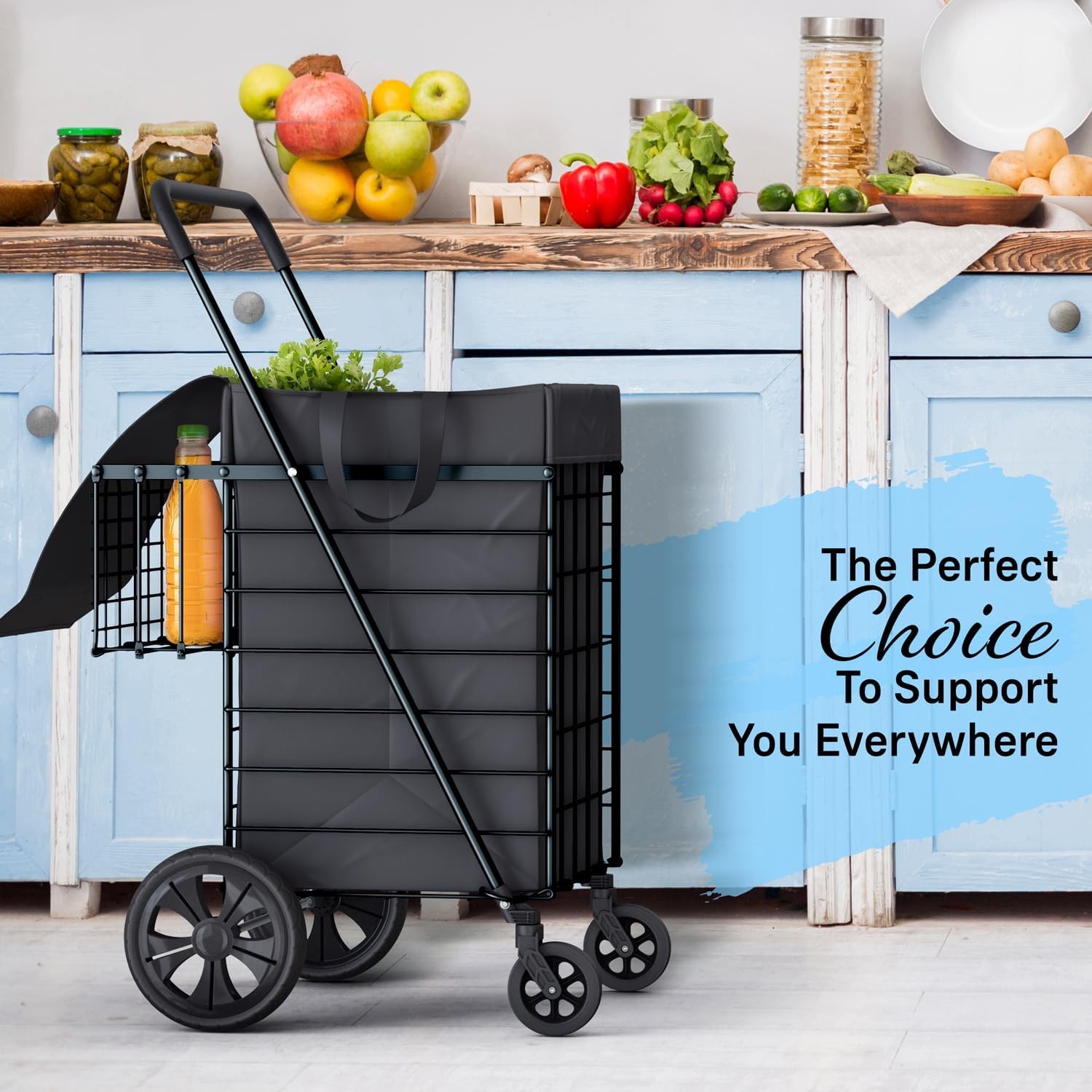 Folding Utility Shopping Cart with Double Basket, Swivel Wheels