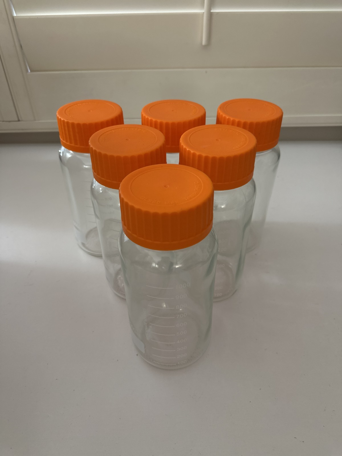 Lot of 6 GLS 80 Storage Lab Glass Bottle Jars 1000ml Orange Screw Cap Wide Mouth