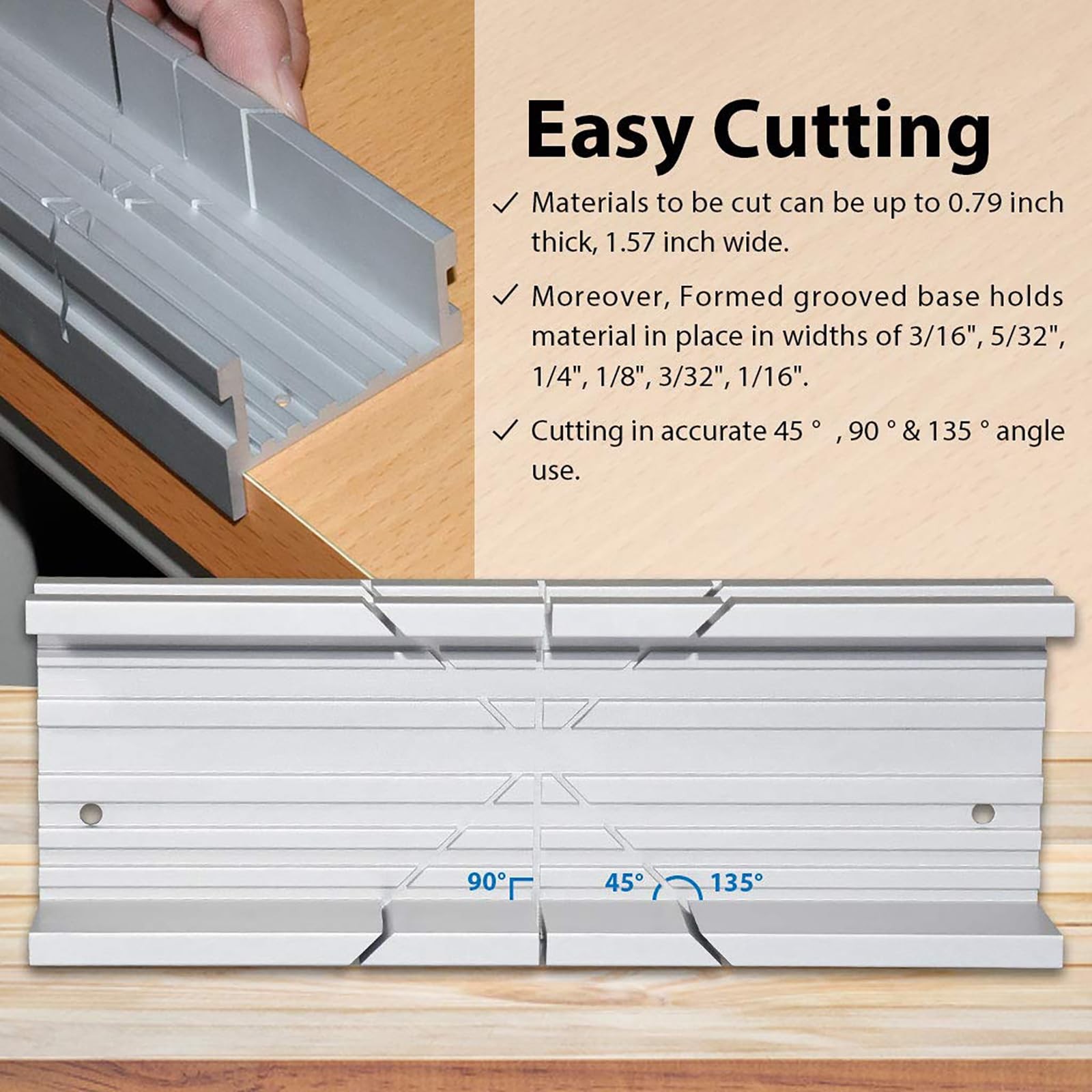 Mini Aluminum Miter Box for Hand Saw 5.3 Inch Precise 3 Angle Cutting Silver