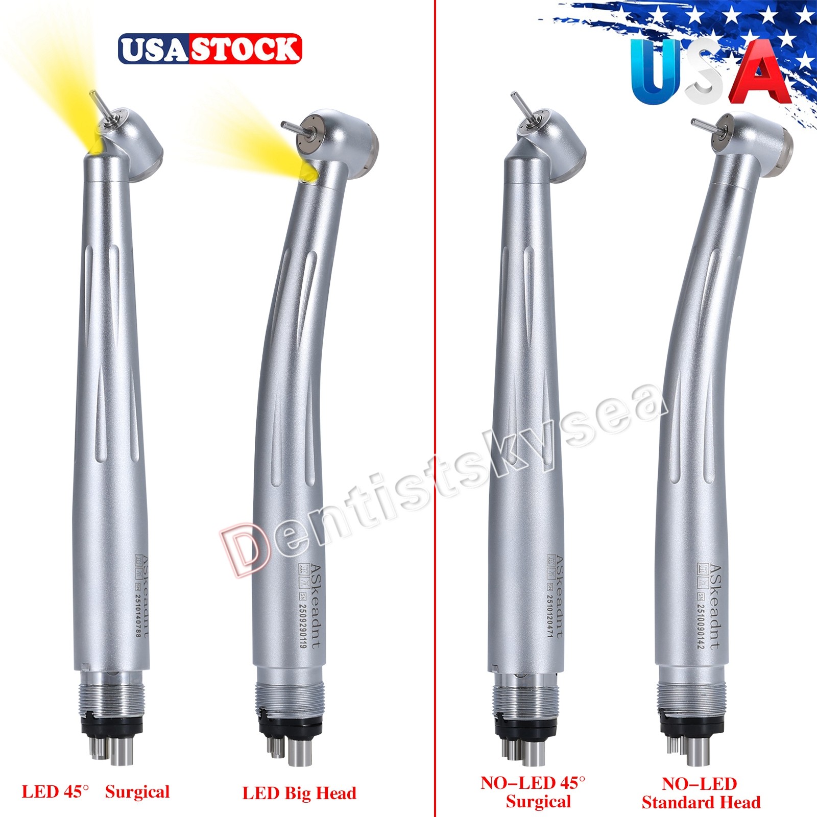 Dental LED 45° High Speed Handpiece Fiber Optic Turbine 4Holes/NO-LED Handpieces