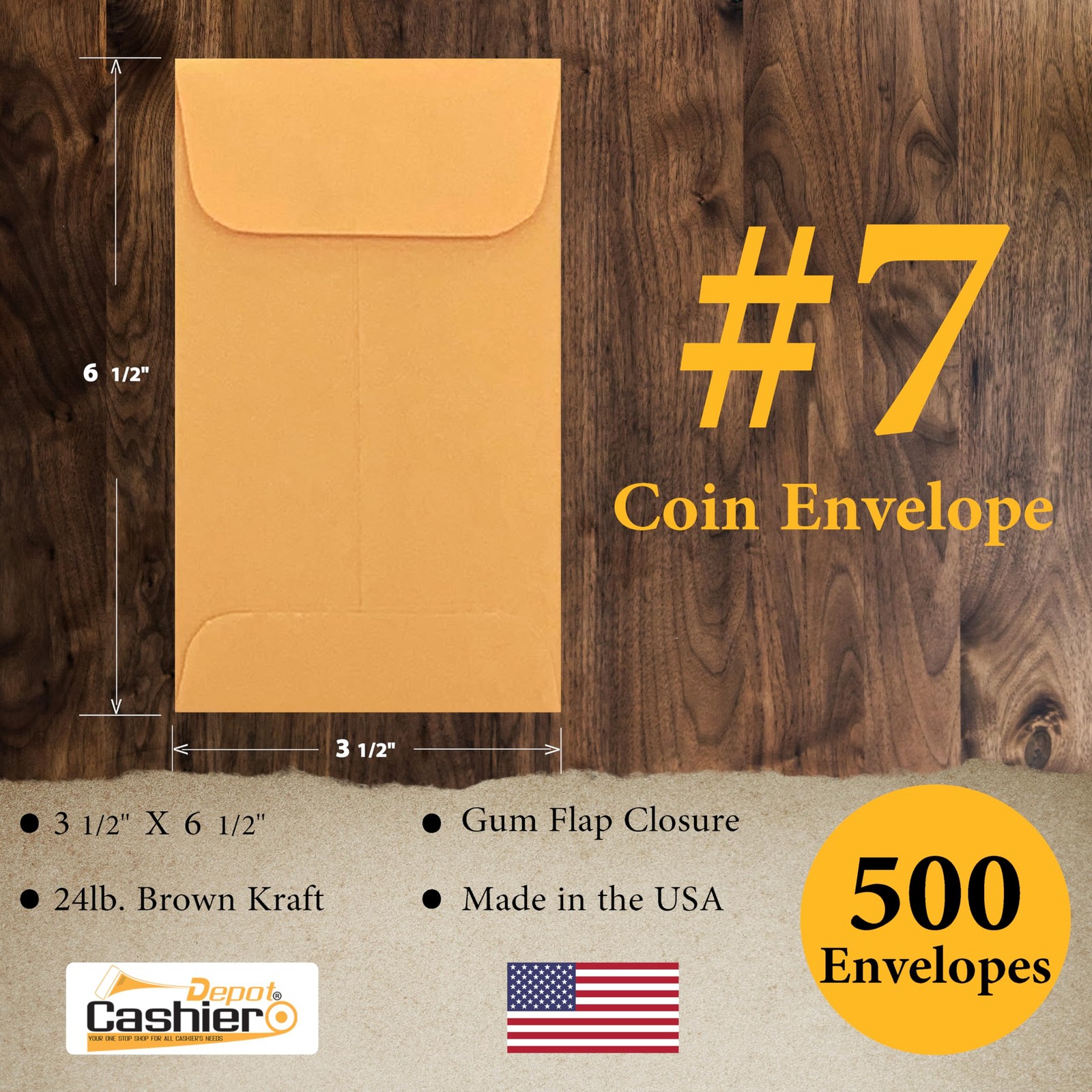 500 Cashier Depot – #7 Coin Envelopes, 3.5 x 6.5 Inches Brown Kraft Paper Gummed